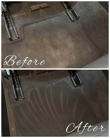 Vorher-Nachher-Vergleich eines sauberen und schmutzigen Autofußraums.