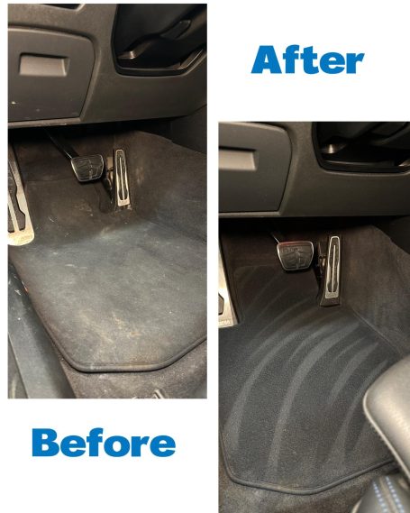Sauberer Fußraum im Auto, links vor der Reinigung, rechts danach.