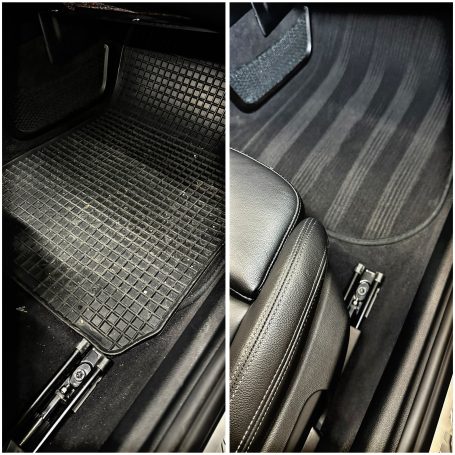 Der Vergleich von zwei Autofußmatten, eine schmutzig und die andere sauber.