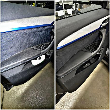 Detailansicht einer Autotür mit auffälliger Farbtrennung und unterschiedlichen Oberflächen.